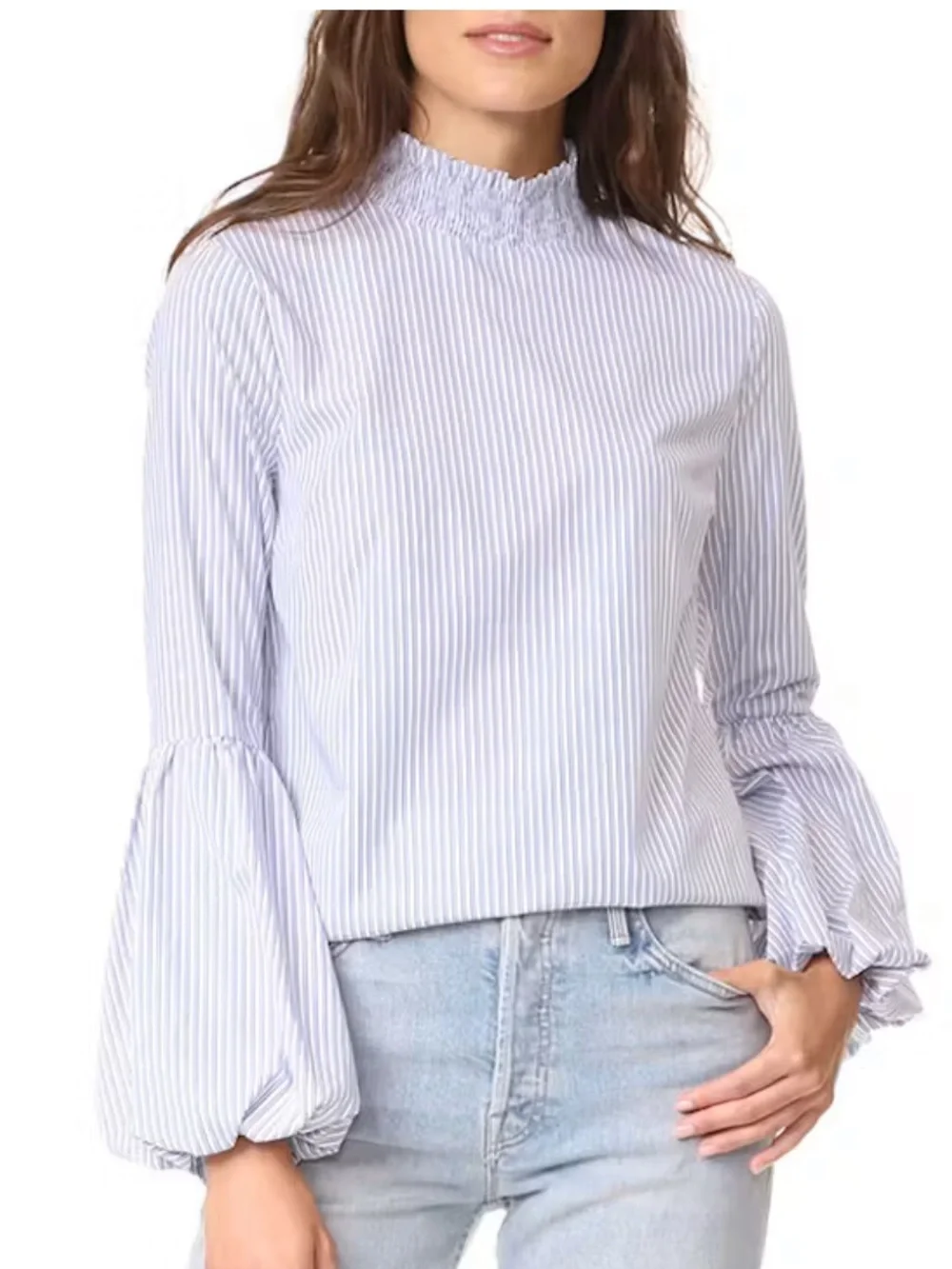 Anthropologie English Factory Striped Balloon Sleeve Blouse in Blue And White